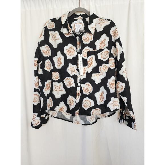 Nicolle Miller 100% linen Flax black white novelty clam shell print M Resort NWT - Picture 5 of 9